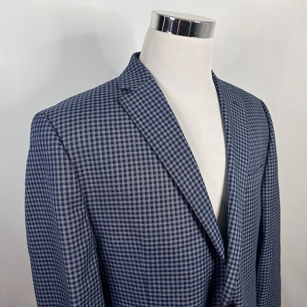 Michael Kors 44R Sport Coat Blue Plaid Two Button Lined Double Vented Poly Blend